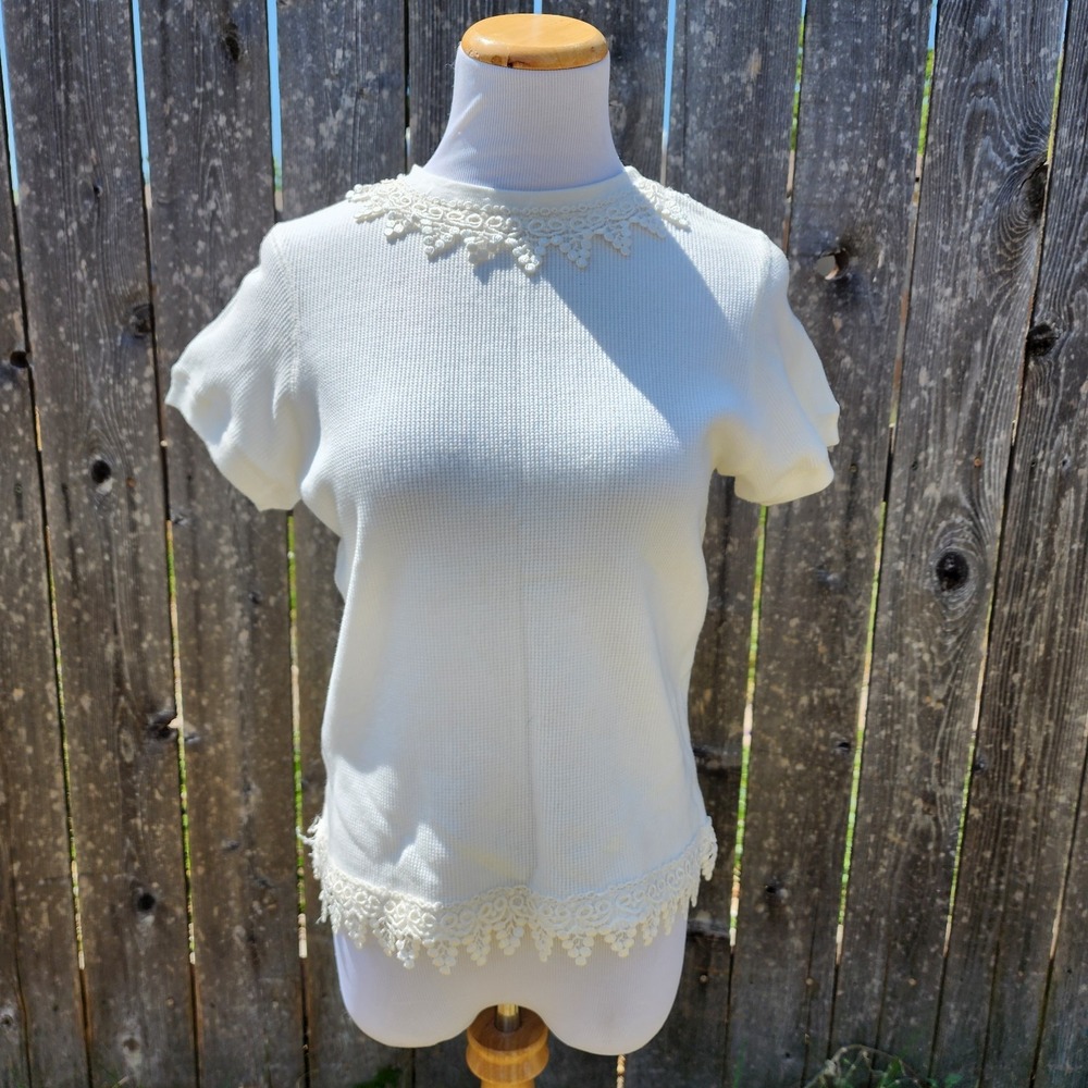 Vintage Directions Lace Collar Waffle Knit Cream Blouse Women Small Cottagecore